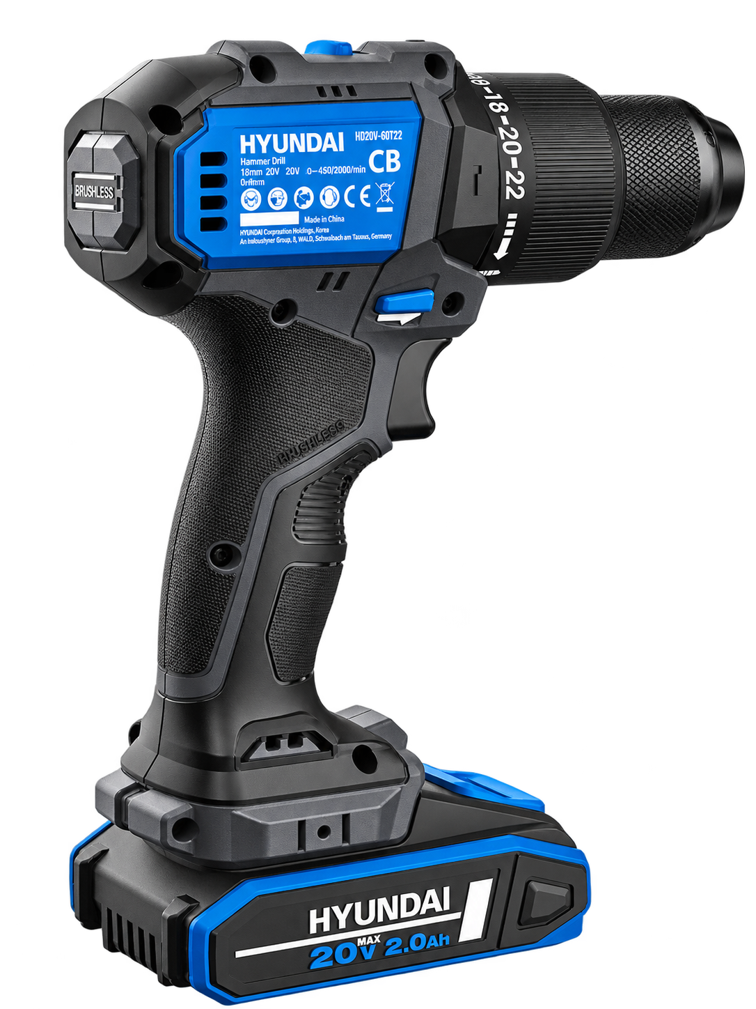 Hyundai HD20X-60TT 20V cordless hammer drill with 60 N.m torque and 2000 RPM