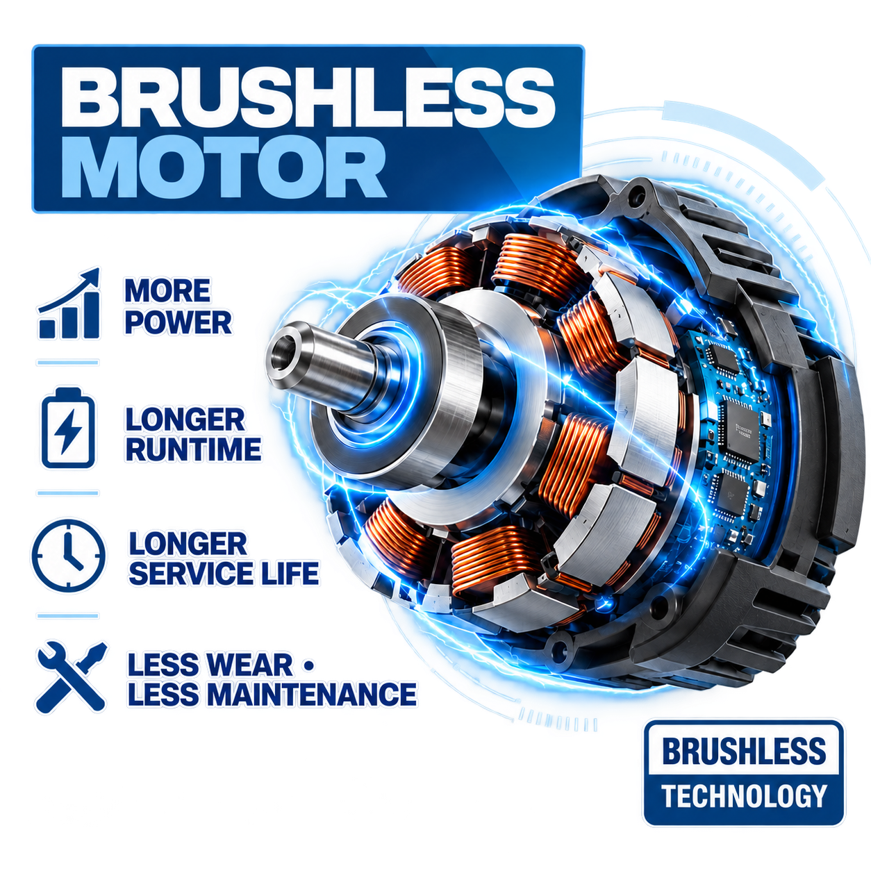 Internal technical illustration of the Hyundai brushless motor highlighting increased power, longer runtime, extended service life, and reduced maintenance