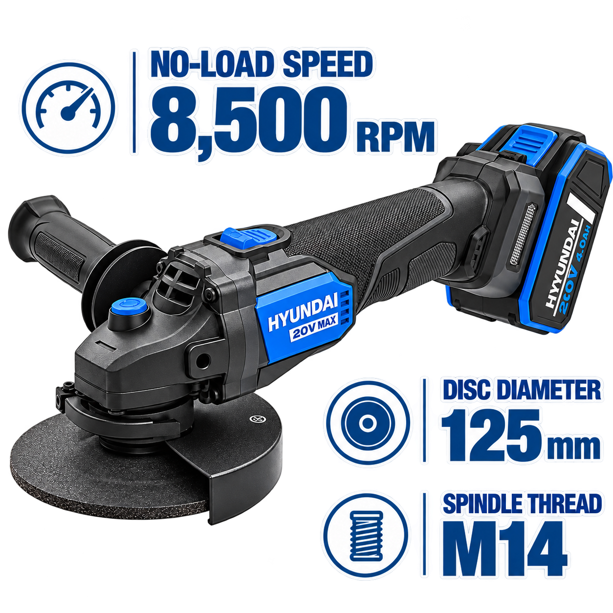 Hyundai AG20X-125FT cordless angle grinder highlighting specifications including 8,500 RPM no-load speed, 125 mm disc diameter, and M14 spindle thread